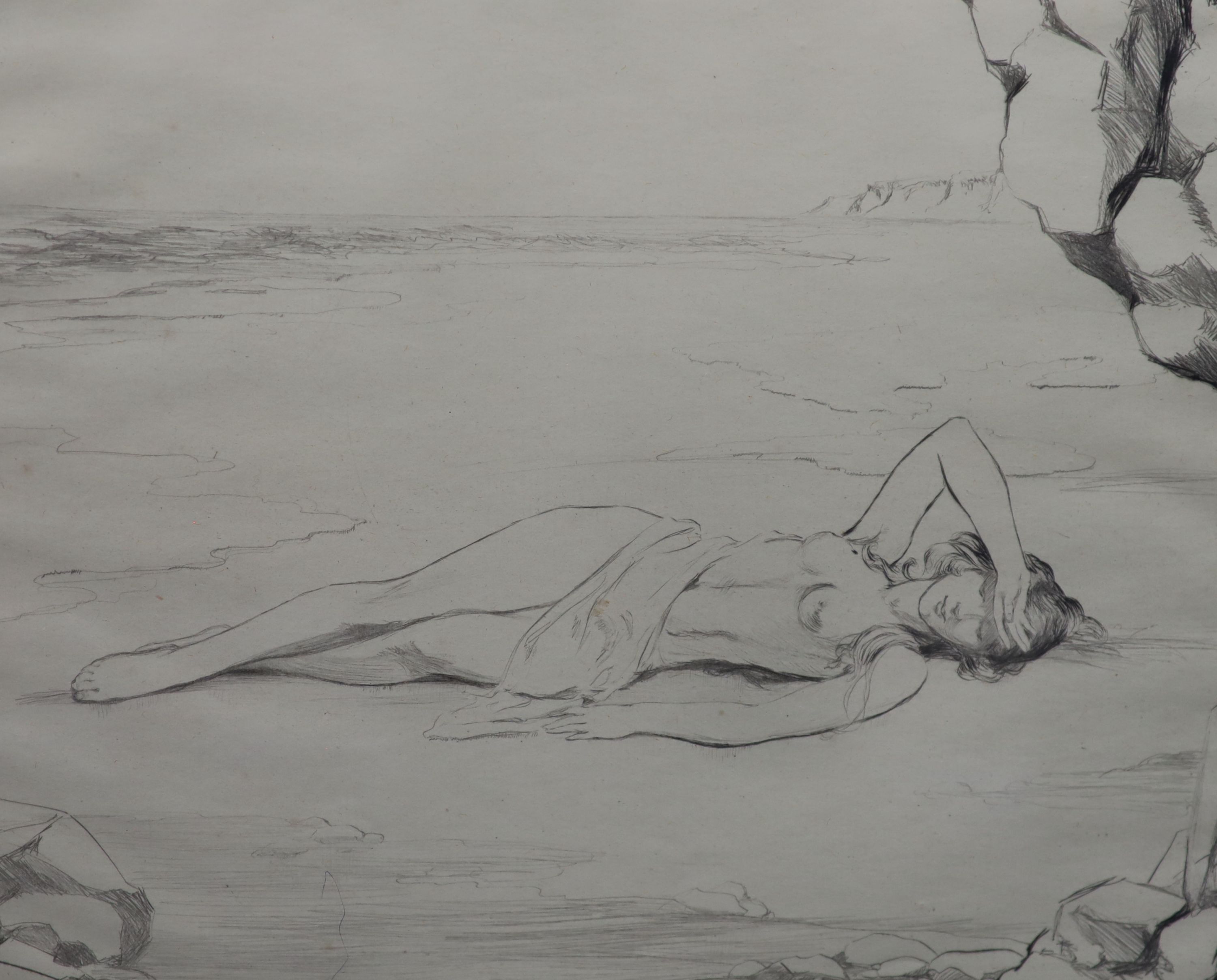 Margaret Cave, etching, Nude on the seashore, signed in pencil, 23 x 28cm